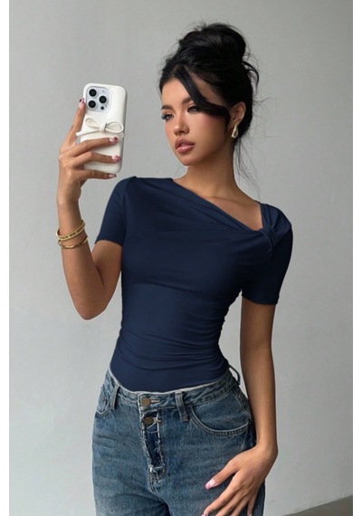 Kadın Çapraz Yaka Kısa Kollu Slim Fit Bluz Lacivert