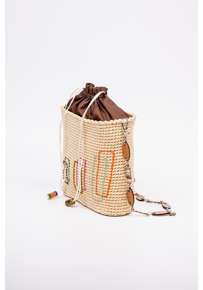 Fabric Craft Bag Örgü Omuz Çantası Metal Zincir Askılı Astarlı Boho Bej - Sütlü Kahve