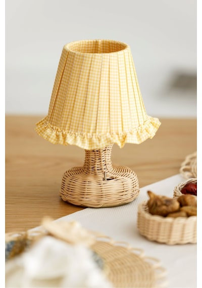 Sarı Pötikare Desen Kumaş Rattan Ayaklı Kablosuz Gece Masa Lambası