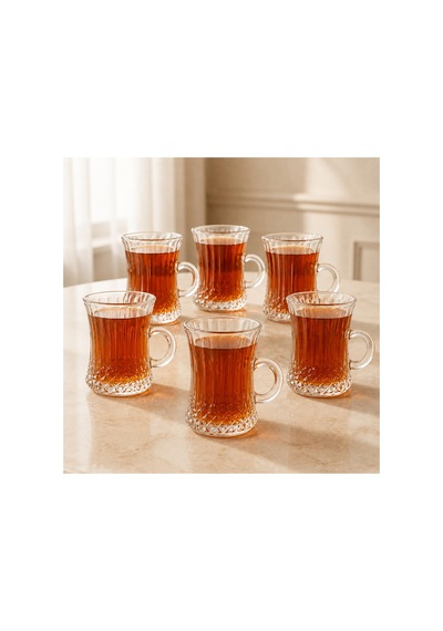 6 Lı Kulplu Cam Çay Bardağı Seti Şık Desenli İnce Belli Çay Bardağı Çok renkli
