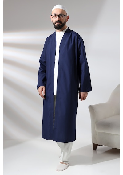 Lacivert Erkek Namaz Elbisesi V Yaka Düğmesiz Önü Açık Namaz Cübbesi Lacivert