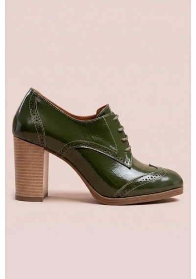 Analin Shoes Kadın Hakiki Deri Bağcıklı Oxford Topuklu Ayakkabı Yeşil