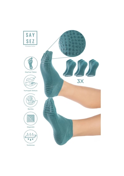 Saysez Bambu Kadın Kaydırmaz Taban Su Yeşili Silikon Baskı Pilates Yoga Fitness Dans Aktivite Patik 3'lü Renkli