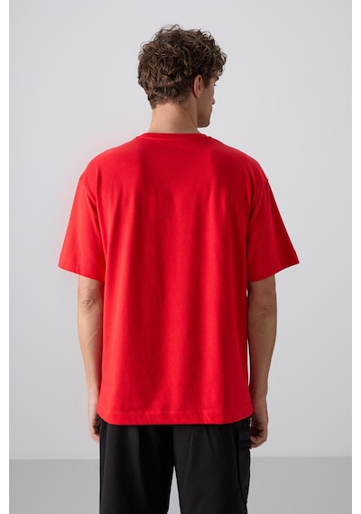 Tommy Life Fiesta Pamuklu Kalın Yumuşak Dokulu Oversize Fit Baskılı Erkek T-shirt - 88330 Kirmizi