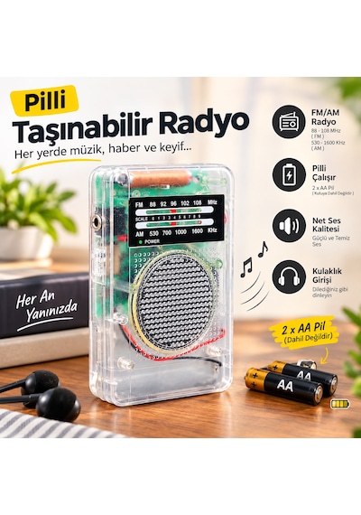 Am/fm Analog Radyo - Kulaklıklı, Taşınabilir Pilli Mini Şeffaf Radyo 88-108 Fm Frekans Aralığı