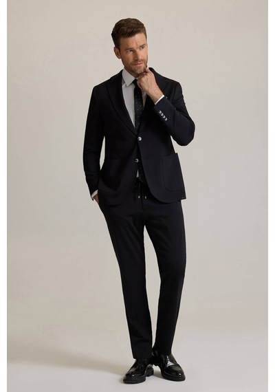 Erkek Siyah Slim Fit Geniş Mono Yaka Jogger Pantolonlu Takım Elbi