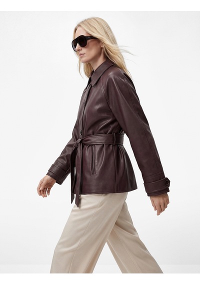 Koton Uzun Kollu Cepli Kemerli Oversize Suni Deri Ceket Bordo 6sak20108ew