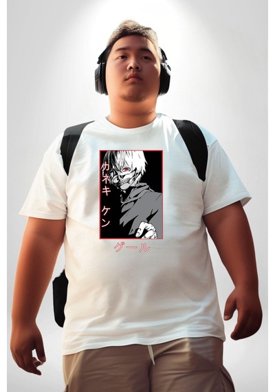 Angemiel Kaneki Ken Kuma Japon Anime Şeytan Beyaz Büyük Beden Kadın Erkek Ünisex Basic Ön Baskılı Tişört Beyaz