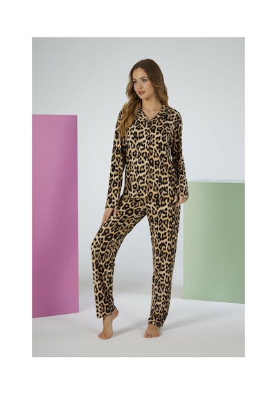 Estiva Kadın Kaplan Desenli Kahverengi Önden Düğmeli Soft Pijama Takımı Çok renkli