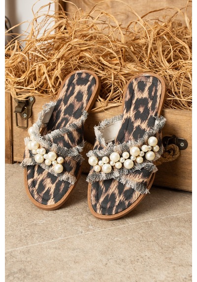 Dabab Shoes Mırella Kadın İncili Hasır Dokulu Animal Desenli Leopar Düz Şık Terlik