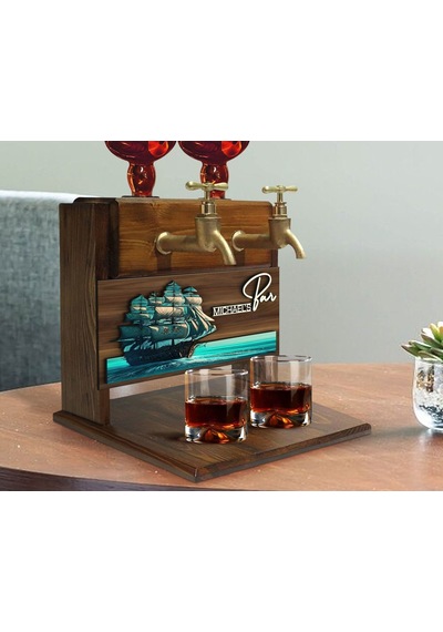 Bk Gift Kişiye Özel Kabartma Manzara Tasarımlı İsimli Çift Musluklu Doğal Ahşap İçki Standı-37, İçki Standı, Doğum Günü Hediyesi, Ev Hediyesi Bitmeyen