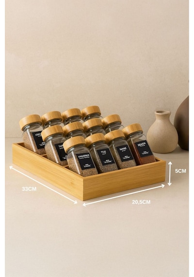 13 Parça Bambu Standlı Cam Baharatlık Seti 120 Ml - 12'li + 1 Standlı Baharatlık Takımı Şeffaf