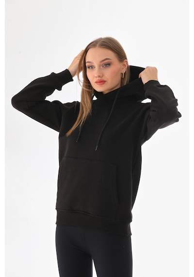 Everest Everst Kapüşonlu 3 İplik Şardonlu Kanguru Cepli Sweatshirt Siyah