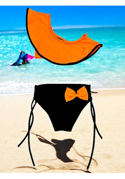 Lolliboomkids Kız Çocuk Tek Omuz Yarım Kol Fiyonklu Bağlamalı Bikini Takımı Turuncu