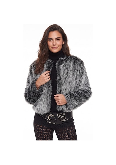 Onloox Kadın Siyah-beyaz Siyah Beyaz Polyester Kumaş Suni Kürk Detaylı Astarlı Uzun Kollu Standart Form Mont