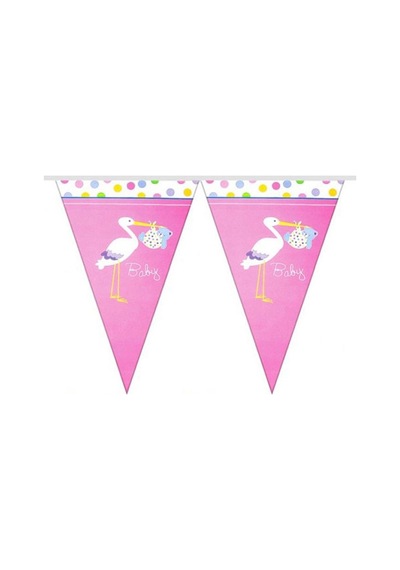 Leylekli Baby Shower Kız Bebek 10 lu Kağıt Bayrak Flama Set Pembe