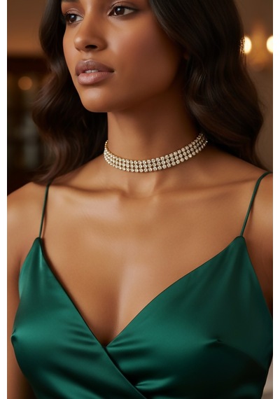 Valmont Accessories Kristal Taşlı 26+10 Cm Choker Işıltılı Şık Kadın 3 Sıra Su Yolu Altın Sarısı Tasma Kolye Gümüş
