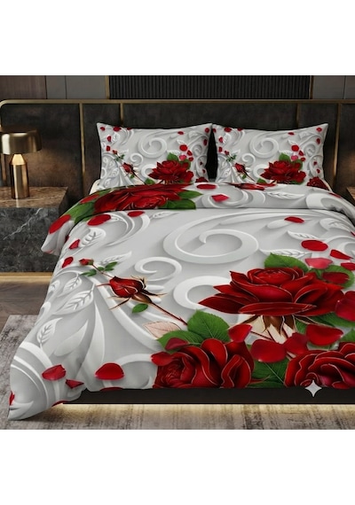 Özel Tasarım Marka Çift Kişilik Nevresim Takımı Organik Saten & Pamuk Luxury Premium Kumaş Gül Çeyiz Kırmızı Pembe Beyaz Ranforce Solmaz Beyaz - Gri - Kırmızı