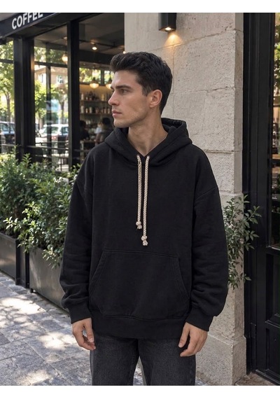 Stormwear Unisex Oversize Polar Sweatshirt Halat Kordonlu Kapüşonlu Cepli Sweat Siyah