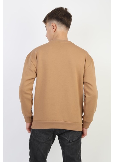 Bisiklet Yaka Baskı Detaylı Erkek Çocuk Sweatshirt-90907 Kahverengi