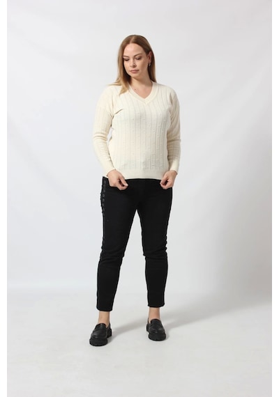 Moda Berray Y6328 Fındık Örgü Detaylı Triko Kazak Krem
