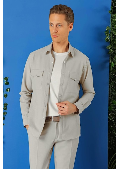 Efor Comfort Fit Yan Cep Çıtçıtlı Esnek Pamuk Taş Gömlek Ceket G 1565 Taş