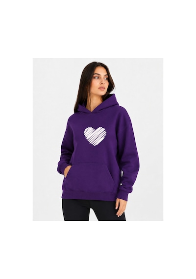 Herkesemoda Kırmızı Kalp Baskılı Kapüşonlu 2 İplik Şardonlu Sweatshirt Mor