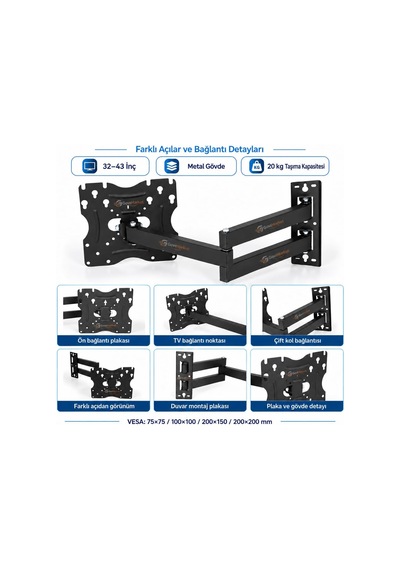 32 43 İnç Hareketli Tv Duvar Askı Aparatı Ayarlanabilir Metal, Vesa 75x75 / 100x100 / 200x150 / 200x200 Mm, 20 Kg Taşıma Kapasitesi 50-cm