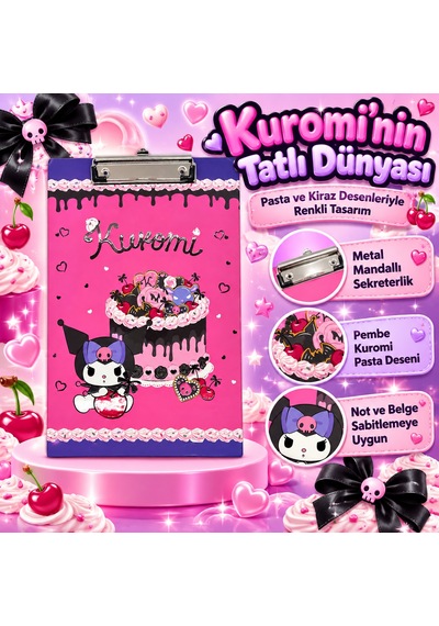 Bakgelal Kuromi Pembe Pasta Ve Kalp Temalı Metal Mandal Klipsli Sekreterlik Ve Bloknot Altlığı A4 Uyumlu - 9083911472365