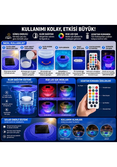 Hpytech Güneş Enerjili Rgb Led Havuz Klor Şamandırası Uzaktan Kumandalı Ip67 Su Geçirmez Otomatik Gece Sensörlü Solar Klor Dağıtıcı