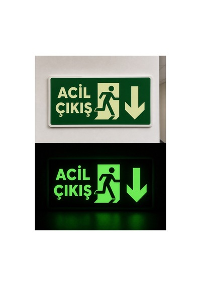 Acil Çıkış-acil Çıkış Aşağı Yön Tabelası 12x25 Cm Fotolümenli - Karanlıkta Parlayan Pvc