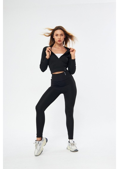 Lesa Wear Fitilli Kapüşonlu Içi Polarlı Yumuşacık Şardonlu Kaşkorse Crop Sweatshirt Hırka Siyah