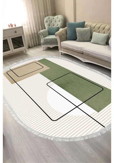 Alanur Kaymaz Yıkanabilir Dijital Baskılı Salon Halısı Trend Saçaklı Oval Geometrik Al4052 Bej