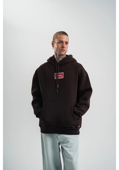 Mbb E-ticaret Erkek Nakışlı Kapüşonlu Oversize 3 İplik Pamuklu Sweatshirt Hoodie - Siyah