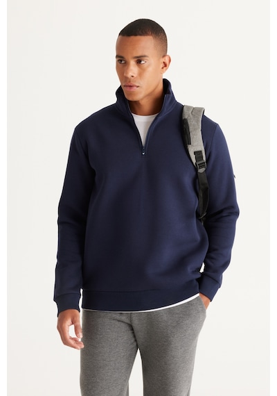 AC&Co / Altınyıldız Classics Standart Fit Normal Kesim İçi Polarlı Bato Yaka Pamuklu Erkek Sweatshirt Lacivert