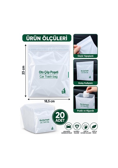 20 Adet Yapışkanlı Oto Çöp Poşeti 23x18,5 Cm Su Geçirmez Sızdırmaz Araç Pratik Çöp Torbası