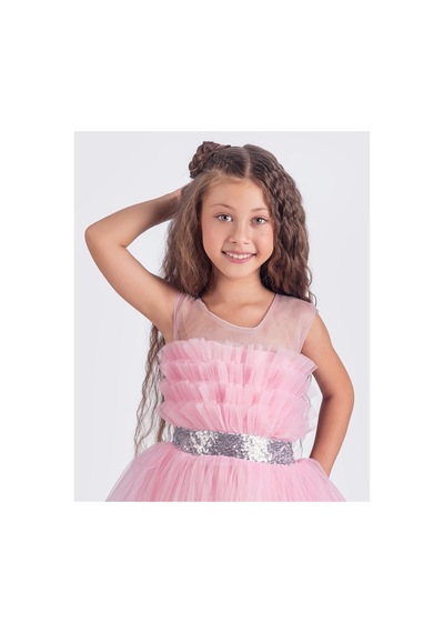 Mnk Baby & Kids Sapes Model Sırt Gipeli Tüllü Kız Çocuk Askılı Saten Abiye Mnk0618 Pembe