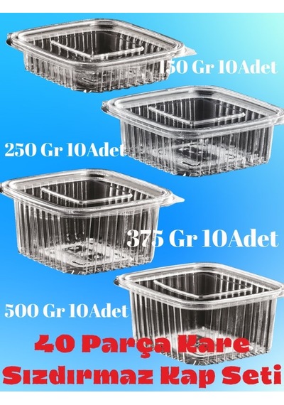 Plastik Sızdırmaz Kap Seti 150-250-375-500 Gr 10 Ar Adet 4 Boy Kapaklı, Toplam 40 Adet