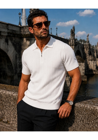 İxir Yarım Fermuarlı Regular Kalıp Polo Yaka Triko T-shirt Beyaz - Beyaz