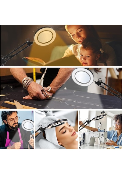 Akrobat Hareketli 8x Büyüteçli Led Işıklı Masa Çalışma Lambası - Mengeneli Beyaz