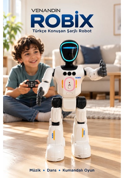 Venandin Robix Türkçe Konuşan Uzaktan Kumandalı Akıllı Robot Adam - Şarjlı, Led Işıklı, Dans Eden Eğitici Oyuncak Robot 31 Cm
