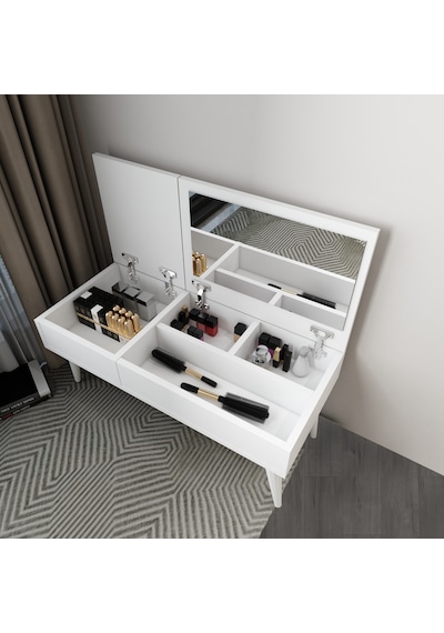 Riva Aynalı Makyaj Masası Makyaj Organizer, Beyaz - Riva Beyaz