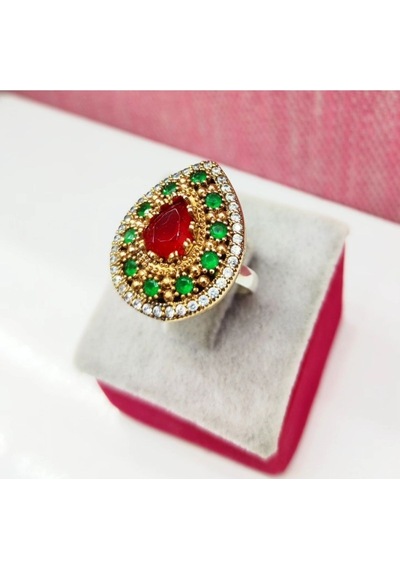 Oriental Kuyumculuk Jewellery Zümrüt Ve Yakut Taşlı Otantik Damla Modeli Gümüş Yüzük Kırmızı