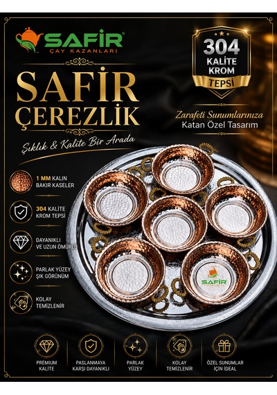Safir Çerezlik Kahvaltı Takımı Krom Tepsi 6 Adet Bakır Kase Özel El İşlemesi Bakır Çerezlik