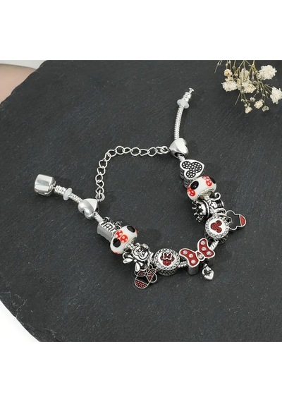 Yeni Tarz ,disney Mickey Minnie Mouse Temalı , Sevgi Charmlı Bileklik, Ahşap Kutu İçerisinde Gümüş Gümüş