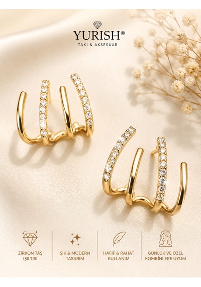 Kadın Gold Zikron Taşlı Tasarım Küpe