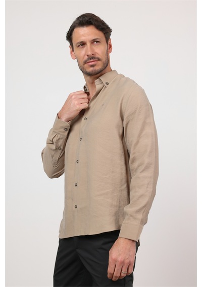 İmza Koyu Bej Düğmeli Yaka Uzun Kol Cepsiz Slim Fit Modal Gömlek 1004260162