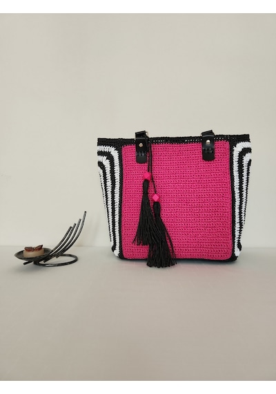 Fikriharika Design Pink Maze, Kağıt İp, Kadın Omuz Çantası Siyah - Beyaz - Fuşya