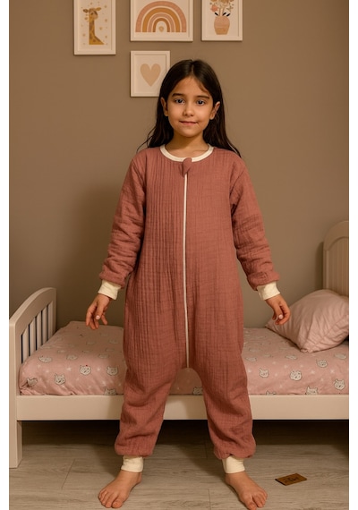 Enhitbaby Uzun Kollu Penye Astarlı 4 Kat Müslin Uyku Tulumu 1.5 Tog Gül Kurusu