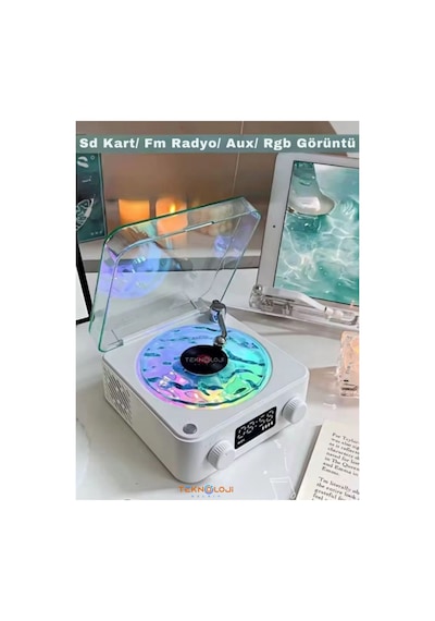 Plak Speaker Nostalji 3d Surrond Ses Kalitesi Saatli Bluetooth Hoparlör Retro Müzik Çalar Fm Radyo